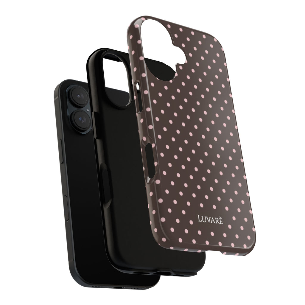 Polka Dot Tough Phone Case — Brown with Pink Dots, Durable Protective iPhone Cover