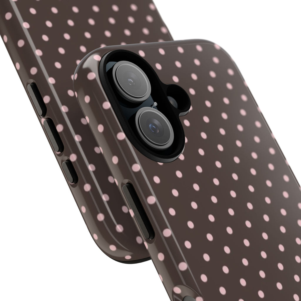 Polka Dot Tough Phone Case — Brown with Pink Dots, Durable Protective iPhone Cover