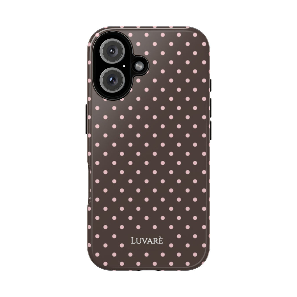 Polka Dot Tough Phone Case — Brown with Pink Dots, Durable Protective iPhone Cover